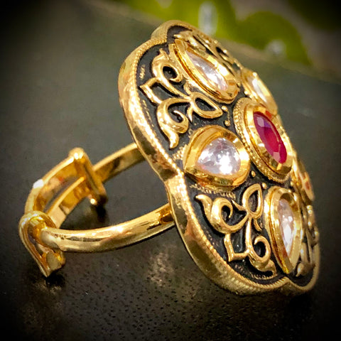 Large Black Kundan Adjustable Ring (Design O5)