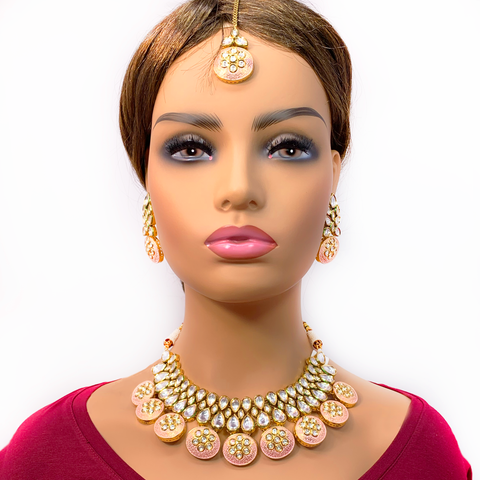 Gold Plated Baby Pink Kundan Set - PAAIE