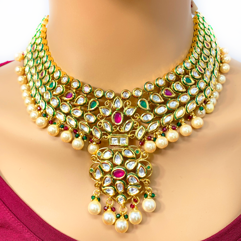 Gold Plated Semi-Precious Emerald and Ruby Kundan Set - PAAIE