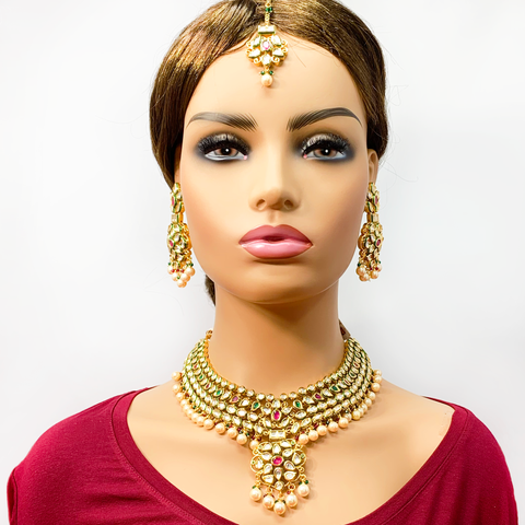Gold Plated Semi-Precious Emerald and Ruby Kundan Set - PAAIE
