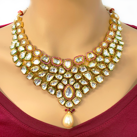 Gold Plated Ruby Kundan Set - PAAIE