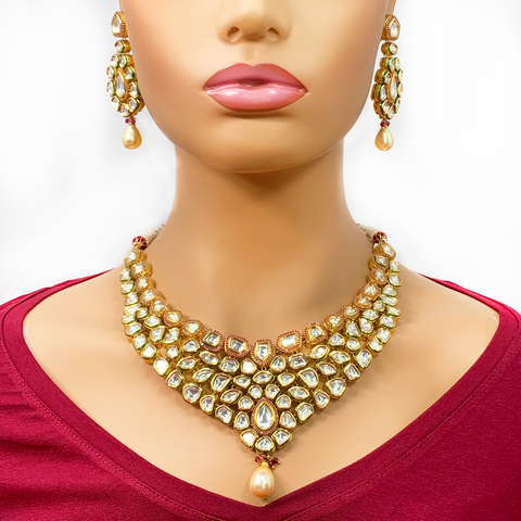 Gold Plated Ruby Kundan Set - PAAIE