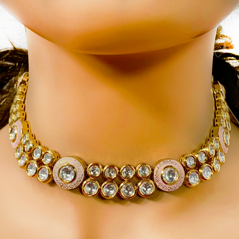 Gold Plated Double line Baby Pink Kundan Set - PAAIE