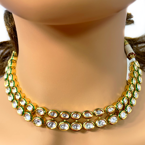 Gold Plated Double Line Kundan Set - PAAIE