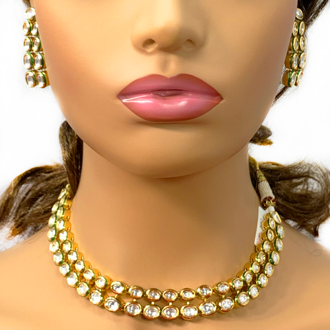 Gold Plated Double Line Kundan Set - PAAIE