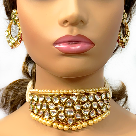 Gold Plated Choker Kundan & Pearl Set - PAAIE
