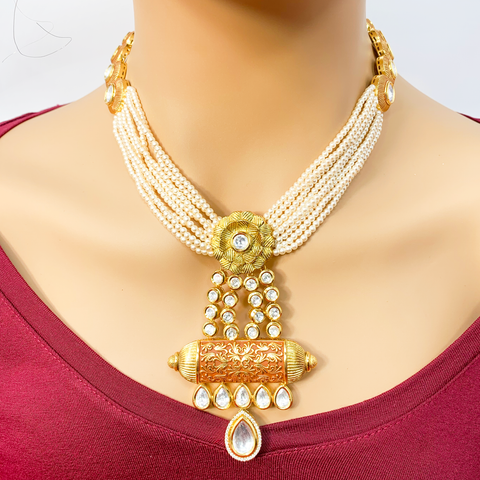 Beaded Gold Plated Brown and Red Kundan Set - PAAIE