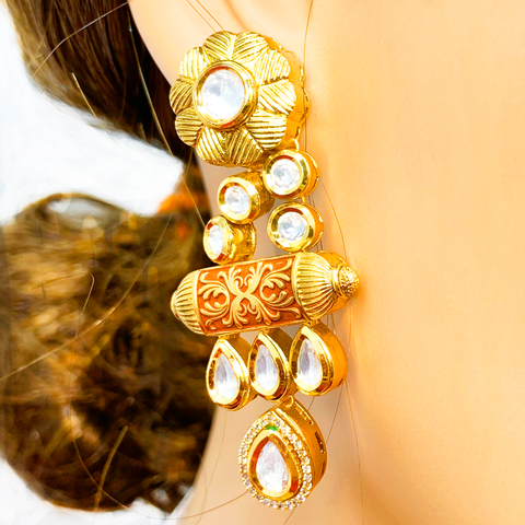 Beaded Gold Plated Brown and Red Kundan Set - PAAIE