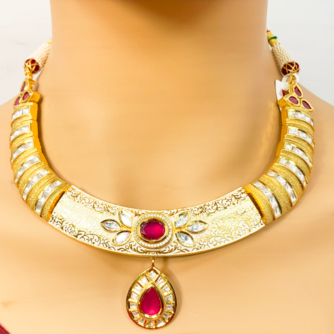 Gold Plated Ivory Meenakari Semi-Precious Ruby Kundan Set - PAAIE