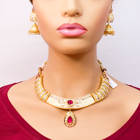 Gold Plated Ivory Meenakari Semi-Precious Ruby Kundan Set - PAAIE