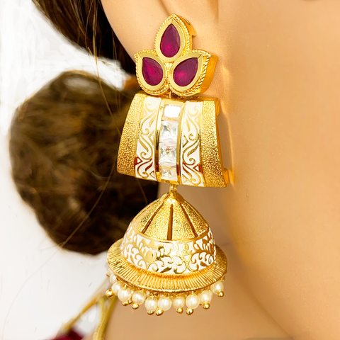 Gold Plated Ivory Meenakari Semi-Precious Ruby Kundan Set - PAAIE