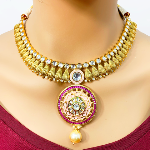 Designer Gold Plated Baby Pink Necklace studded with Semi Precious Stones - PAAIE