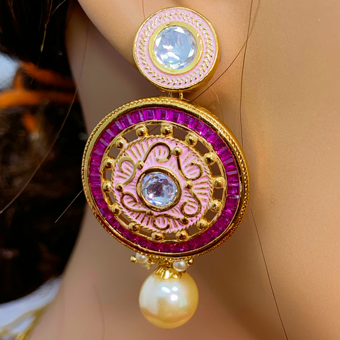 Designer Gold Plated Baby Pink Necklace studded with Semi Precious Stones - PAAIE