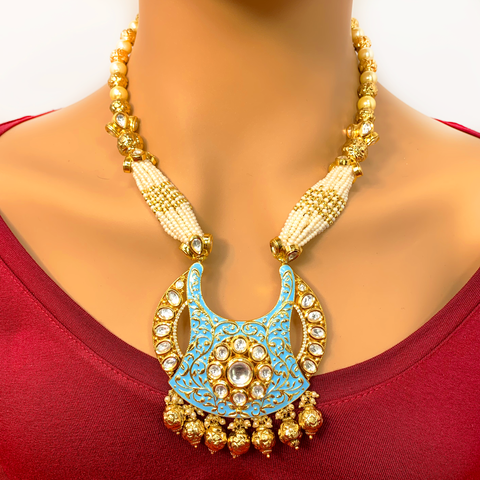 Gold Plated Kundan Baby Blue Necklace Set - PAAIE