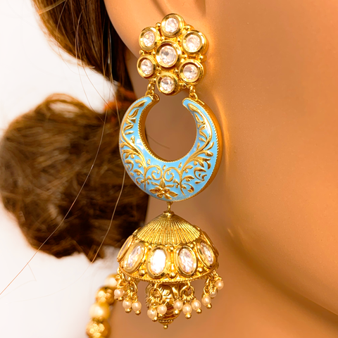 Gold Plated Kundan Baby Blue Necklace Set - PAAIE