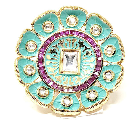 Floral Kundan Mint ring in Gold Plating - PAAIE