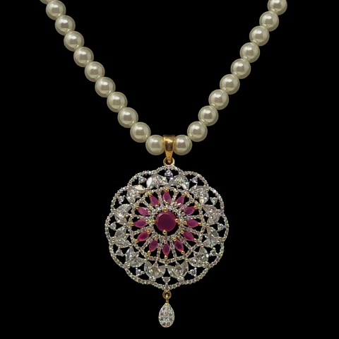 Pearl American Diamond Ruby Pendant Set (Design 1) - PAAIE