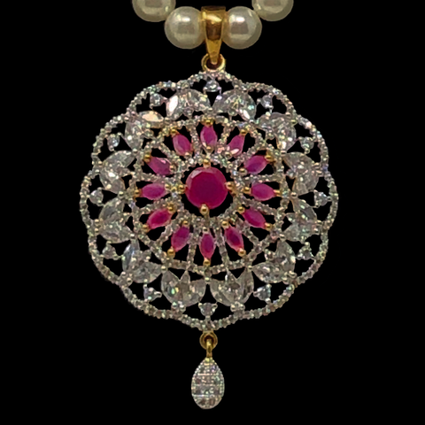Pearl American Diamond Ruby Pendant Set (Design 1) - PAAIE
