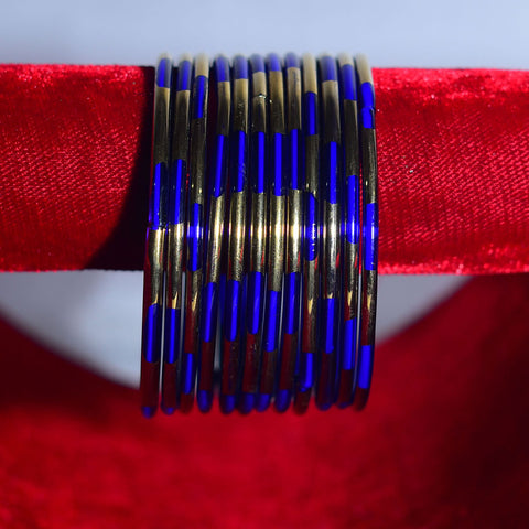 Eye catching Glass Bangles Set in Blue & Gold Lines for Girls & Women (Design 30) - PAAIE