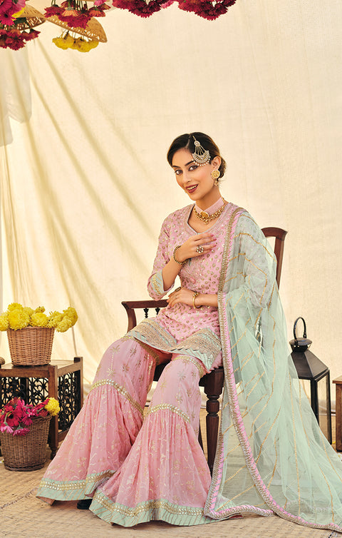 Designer Pink Color Suit with Sharara & Dupatta in Georgette (K553)