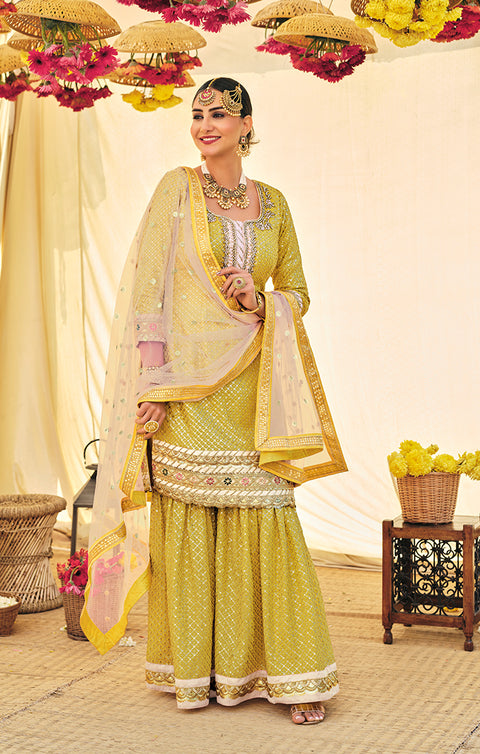 Designer Lemon Yellow Color Suit with Sharara & Dupatta in Georgette (K555)
