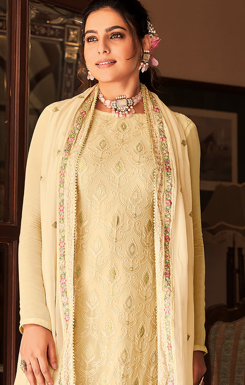 Designer Pale Yellow Color Suit with Pant & Dupatta in Chinnon & Georgette (K685)