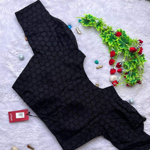 Black Color Women's Casual Pure Cotton Readymade Designer Saree Blouse, Hakoba Style, Puffed Sleeve & V-Neck, Padded And Stitched With Front Buttons Open Pattern(Design 1057)