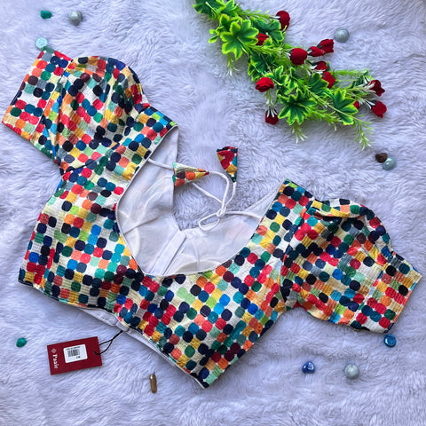 White & Multi Color Heavy Rich Digital Print Designer Pattern Readymade Blouse in Silk (Design 1062)