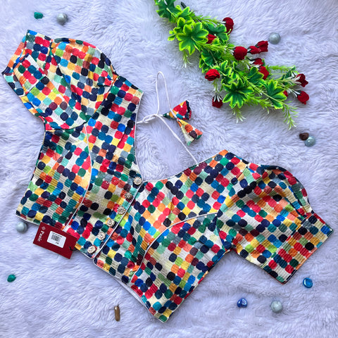 White & Multi Color Heavy Rich Digital Print Designer Pattern Readymade Blouse in Silk (Design 1062)