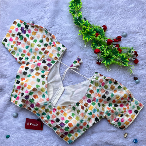 White & Multi Color Heavy Rich Digital Print Designer Pattern Readymade Blouse in Silk (Design 1063)