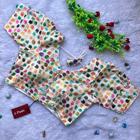 White & Multi Color Heavy Rich Digital Print Designer Pattern Readymade Blouse in Silk (Design 1063)