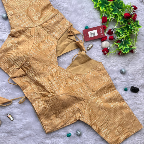 Designer Golden Color Silk Embroidered Blouse For Wedding & Party Wear (Design 1096)