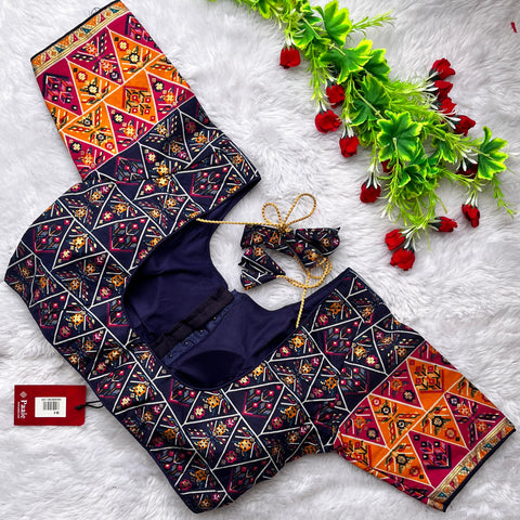 Navy Blue & Multi Color Heavy Rich Patola Print Designer Pattern Readymade Blouse in Silk (Design 1169)