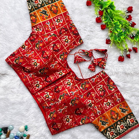 Red & Multi Color Heavy Rich Patola Print Designer Pattern Readymade Blouse in Silk (Design 1171)