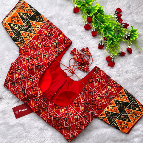 Red & Multi Color Heavy Rich Patola Print Designer Pattern Readymade Blouse in Silk (Design 1174)