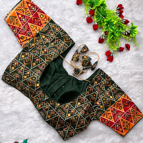 Green & Multi Color Heavy Rich Patola Print Designer Pattern Readymade Blouse in Silk (Design 1176)