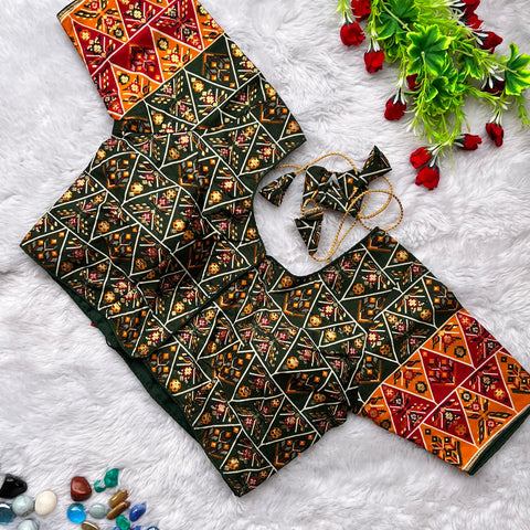 Green & Multi Color Heavy Rich Patola Print Designer Pattern Readymade Blouse in Silk (Design 1176)