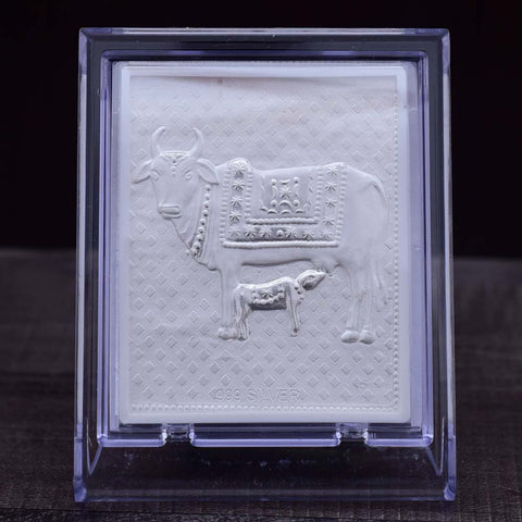 Cow and Calf Pure Silver Frame for Housewarming, Gift and Pooja 4.2 x 3.5 (Inches) - PAAIE