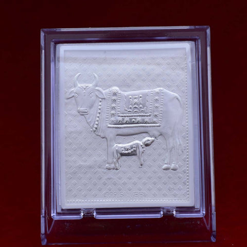 Cow and Calf Pure Silver Frame for Housewarming, Gift and Pooja 4.2 x 3.5 (Inches) - PAAIE