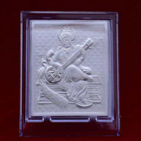 Saraswati Ji Pure Silver Frame for Housewarming, Gift and Pooja 4.2 x 3.5 (Inches) - PAAIE