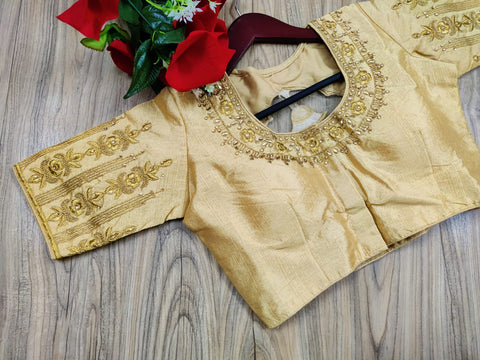 Readymade Golden Silk Embroidered Blouse For Party Wear (Design 553)