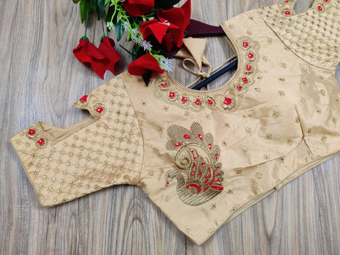 Readymade Golden Silk Embroidered Blouse For Party Wear (Design 566)