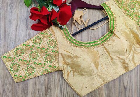 Readymade Golden Silk Embroidered Blouse For Party Wear (Design 585)