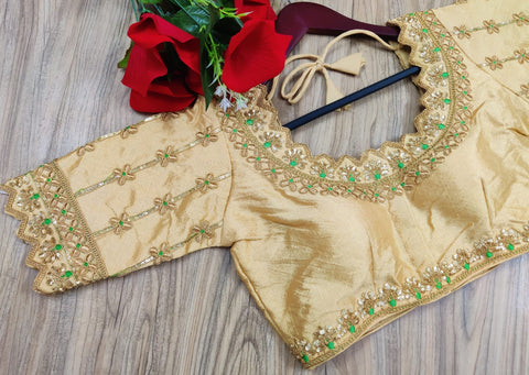 Readymade Golden Silk Embroidered Blouse For Party Wear (Design 586)