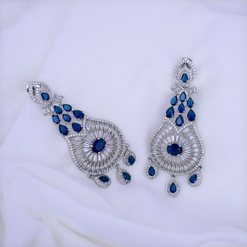 Blue Stone Silver American Diamond Contemporary Earrings (E72) - PAAIE
