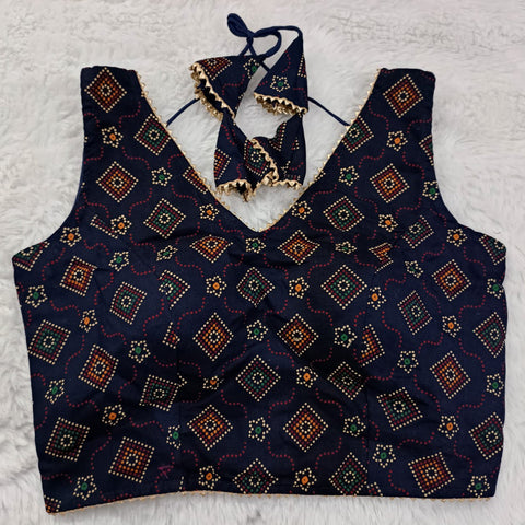 Navy Blue Color Abstract Print Designer Readymade Blouse in Silk (Design 615)