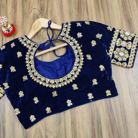 Readymade Blue Velvet Embroidered Blouse For Party Wear (Design 622)