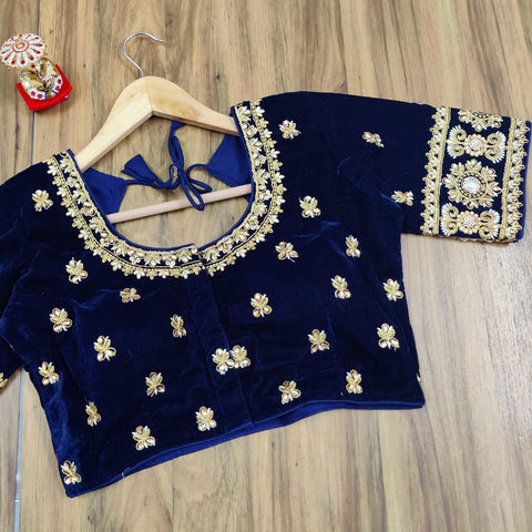 Readymade Blue Velvet Embroidered Blouse For Party Wear (Design 622)