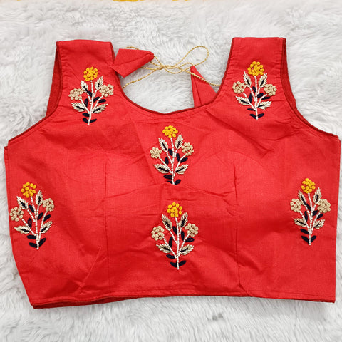Vibrant Red Embroidery Designer Readymade Blouse in Silk (Design 631)