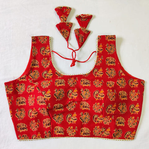 Red Color Hand Block Print Designer Readymade Blouse in Cotton (Design 645)